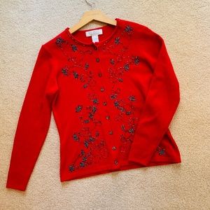Petite Sophisticate Red Beads Floral Wool Cardigan